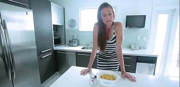  Sofie Marie is cooking and she gets all the sauce on her dress and wash it with her undies on,stepson saw her hot body then she gave him a blowjob.